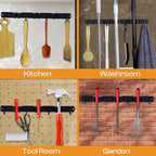Heavy-Duty Stainless-Steel Broom Holder Wall Mount with 3 Racks and 4 Hooks | Waterproof Mop and Broom Hanger | Adjustable, Garage & Garden Tool Organizer | Black