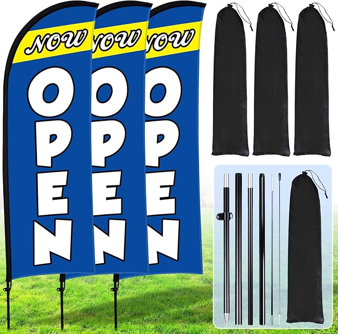Buryeah 3 Sets Now Open Feather Flag Pole Kit for Business Advertising 7 ft Open Flag Banner Sign with Pole Kit Ground Stake and Portable Bag for Outside Ground (Blue)