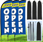 Buryeah 3 Sets Now Open Feather Flag Pole Kit for Business Advertising 7 ft Open Flag Banner Sign with Pole Kit Ground Stake and Portable Bag for Outside Ground (Blue)