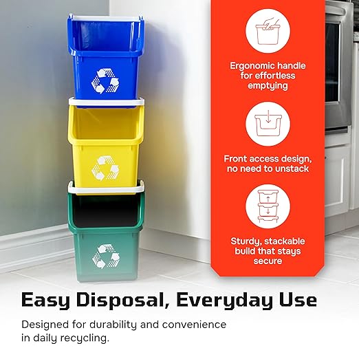 Multi Bin Recycling System with Nine Stackable 6 Gallon Recycle Bins to Build Your Recycling Center for Offices, Kitchen, Garages, Businesses - (9 Pack, Blue/Grey/Green)