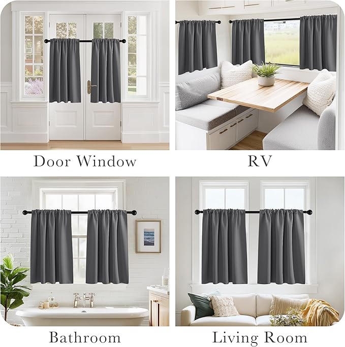 PONY DANCE Grey Short Window Curtains for Kitchen 36 inch Long, 2 Panels Set Half Window Drapes for Bedroom Basement, Blackout Small Curtains for Travel Trailers, Width 42 x Length 36 inches