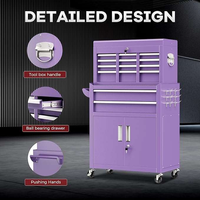 Bonusall 8 Drawer Rolling Tool Chest and Cabinet Combo,Heavy-Duty Metal Garage Tool Chest with Wheels and 2 Doors,2-in-1 Top Box and Roller Cabinet Combo for Garage, Workshop, Warehouse-Purple