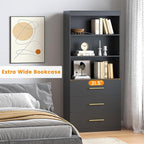 Winkalon 71" Tall Black Bookshelf with Drawers, Bookcase and Bookshelf with 3-Tier Open Shelves, Tall Bookcase Tall Storage Cabinet for Home Office Living Room, 15.8" D x 31.5" W x 71" H