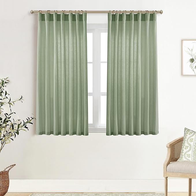 XTMYI Sage Green Back Tab/Hook Belt Linen Cotton Sheer Curtains 45 Inch Length for Bathroom Bedroom 2 Panels Set