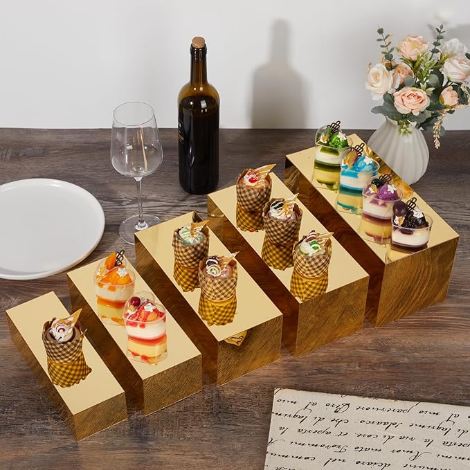 Acrylic Food Display Risers, Gold Risers Boxes 5Pcs Rectangular Display Stand Shelf Buffet Risers for Catering Dessert Buffet Table, Parties, Weddings, Collectibles Shoes Display(5pc)