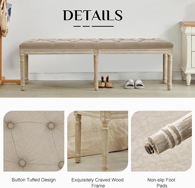 LOULENS 57.7" Linen Fabric End of Bed Bench, French Upholstered Button Tufted Bench for Bedroom End of Bed, Window Seat with Carved Wood Legs for Bedroom, Living Room, Entryway, Light Brown