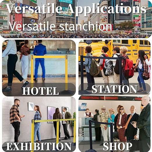 BESEA 4 Pack 36" Yellow Crowd Control Barriers with 10FT Retractable Belt, Heavy Duty Rectangle Base Stanchions for Queue Management, Event, Hotel, and Airport Use