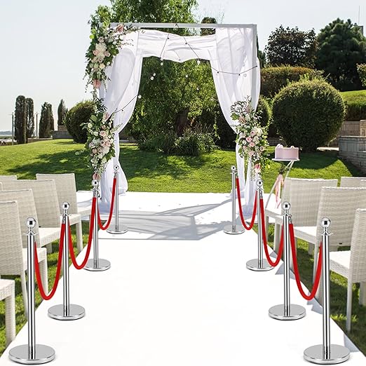 6Pack Silver Stanchion Post, 5 ft Red Velvet Rope Red Carpet Ropes and Poles, Stainless Steel Stanchions for Grand Opening Casino Theme Party Decorations Crowd Control Barriers