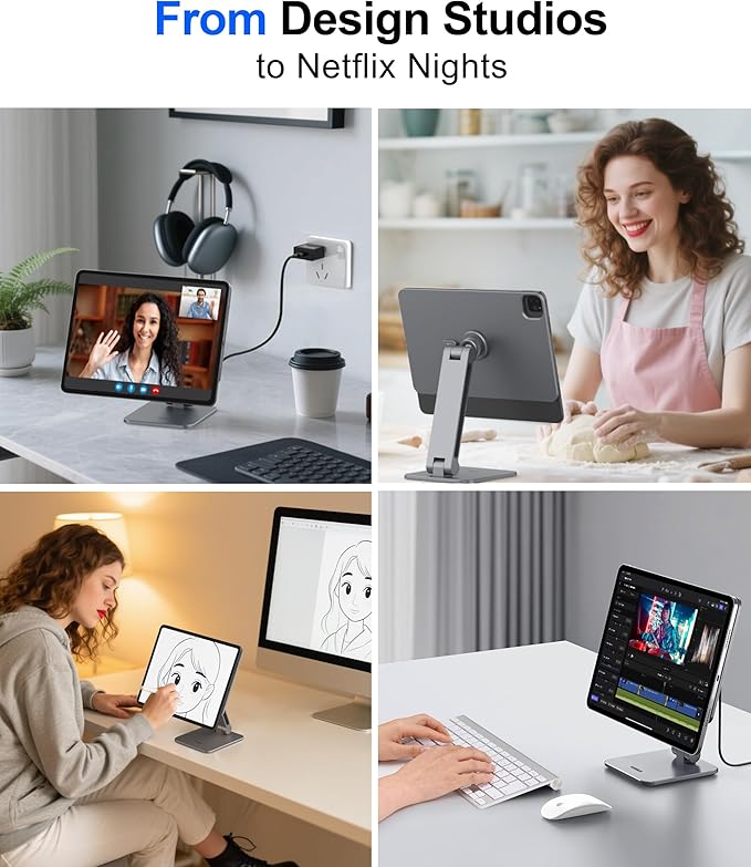 Magnetic iPad Stand with Wireless Charging, 18W Fast Charger, Suction Cup Base, 360° Rotating Panel & Foldable, ONLY for iPad Pro12.9” (M2/M1/4th/3rd) & Air13” (M3/M2), Work/Study Desk - Gray