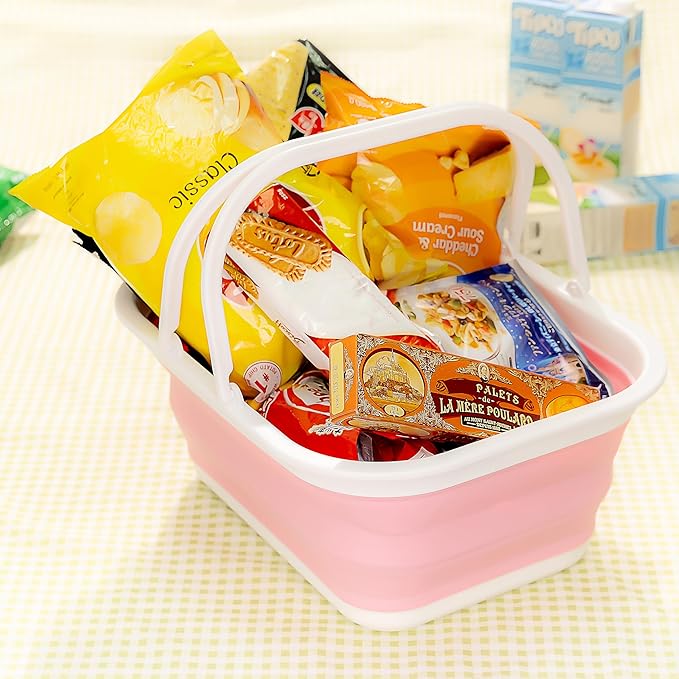 SAMMART 15.5L (4.1 Gallons) Collapsible Tub with Handle - Portable Outdoor Picnic Basket/Crate - Foldable Shopping Bag - Space Saving Storage Container (Pink)