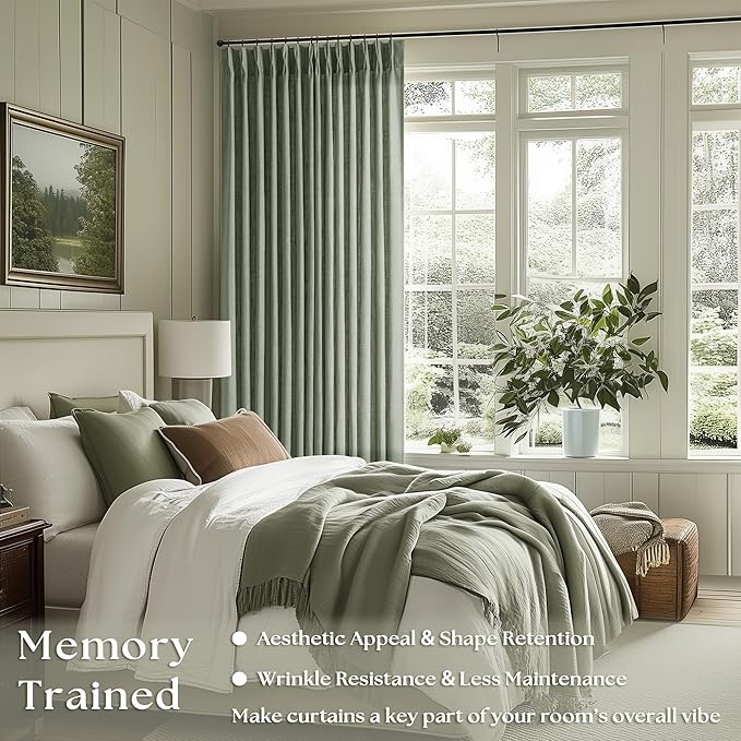 Green Linen Curtains 108 Inches Long 2 Panels Set for Living Room Farmhouse Boho Linen Textured Pinch Pleated Memory Shape Light Filtering Ceiling Semi Sheer Window Curtain Hook Rings Sage Green