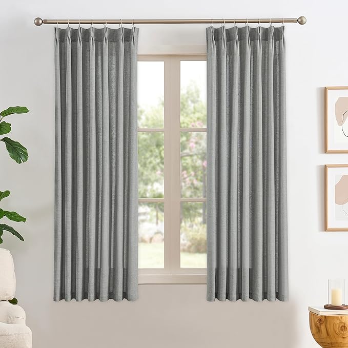 RAIN CITY Grey Linen Curtains 72 Inches Long Pinch Pleated with Hooks 2 Panels, Semi Sheer Textured Light Filtering Window Drapes for Bedroom Back Tab 42x72-in
