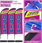 Buryeah 3 Sets Now Open Feather Flag Pole Kit for Business Advertising 7 ft Open Flag Banner Sign with Pole Kit Ground Stake and Portable Bag for Outside Ground (Lavender)