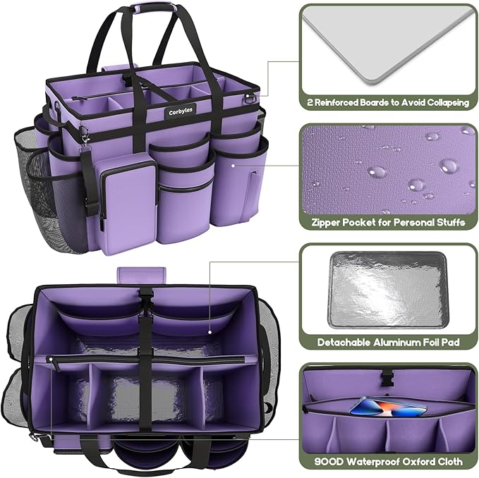 Rolling Cleaning Caddy Bag with Detachable Trolley, Cleaning Supplies Organizer Cart on Wheels, Cleaning Supply Caddy for Housekeepers (Purple, 11.5" Dx15.7 Wx13 H)