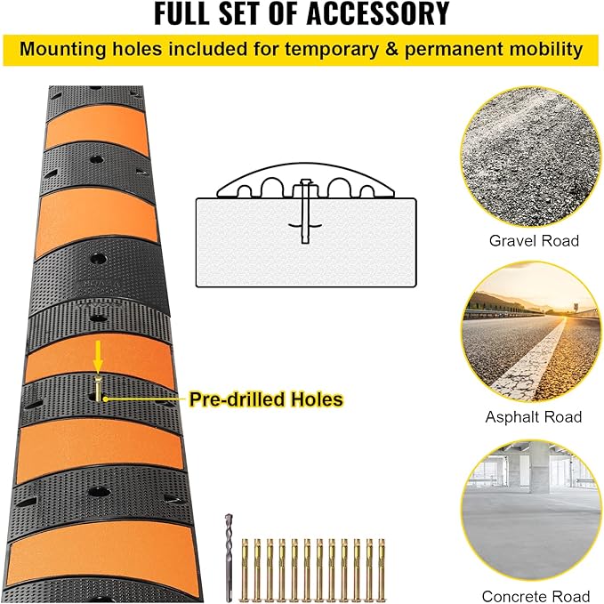 VEVOR Rubber Speed Bump (2 Pack) - 6 FT Heavy Duty 22,000 lbs Capacity for Road & Driveway, 72.8" x 12.2" x 2.2" Modular Traffic Hump, 2 Channel Floor Cord Cover for Asphalt, Concrete, Gravel
