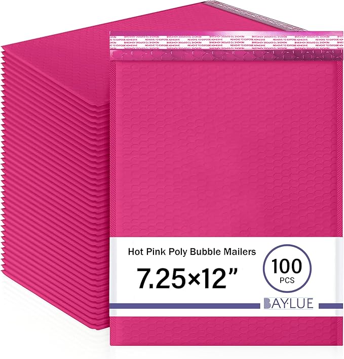 Hot Pink 7.25x12 Inch Poly Bubble Mailers #1 | Self Seal Padded Envelopes | Air Cushioned Bubble Mailer | Usable Size 7.25x11 Inch | 100 Pack Bulk | Waterproof | Lightweight Mailing Shipping Bags
