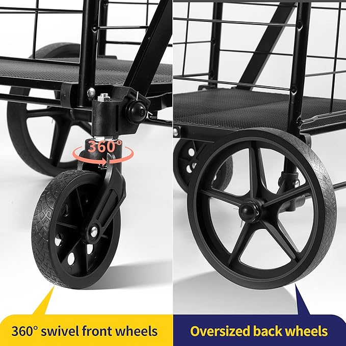 Folding Shopping Cart with Waterproof Liner, Grocery Cart Large Bag with Top Cover, 340 Lb Capacity, Utility Cart with 360° Rolling Swivel Wheels, Large & Extra Basket