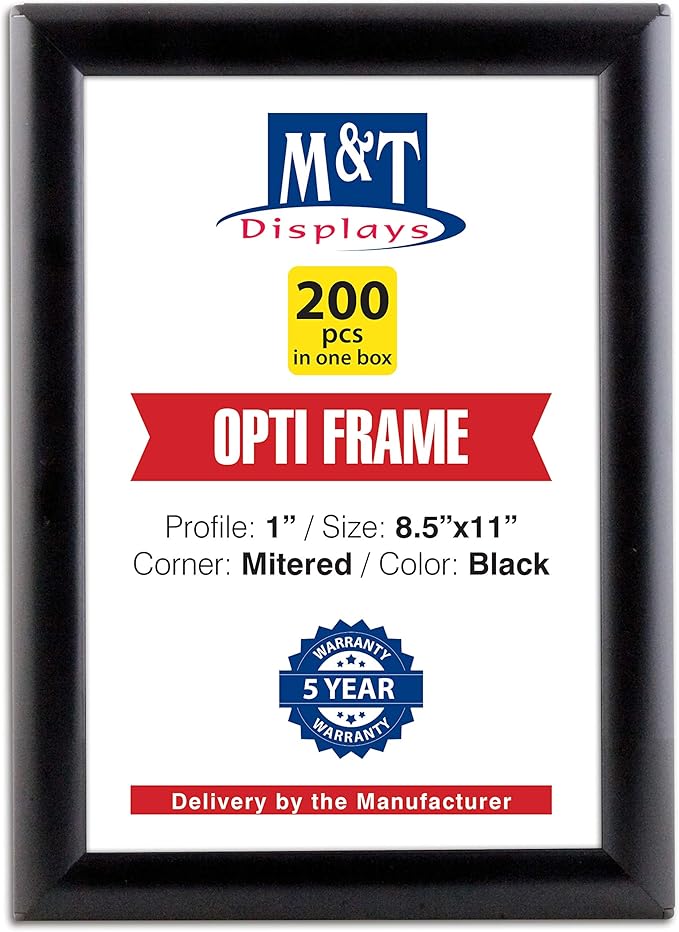 DisplaysMarket 8.5x11 Snap Frame for Wall Mount, Opti Frame, 1 inch Profile- Black, 200