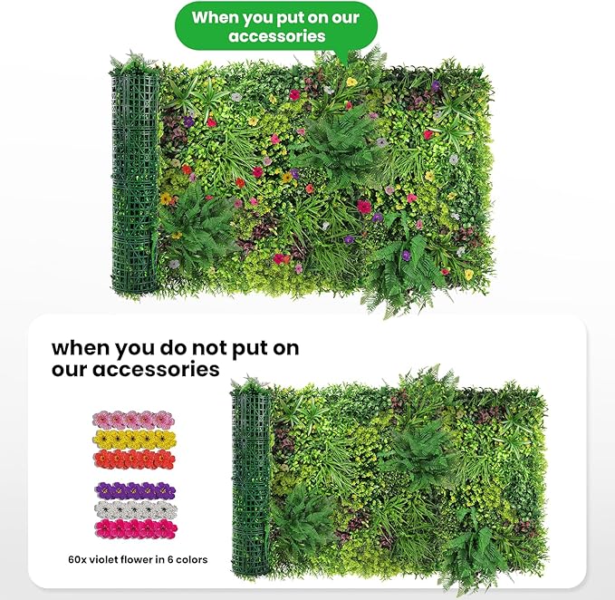 Artificial Grass Wall Roll 40"x120" (3.33ft x 10ft,33.3 Sq.ft), 3D Green Grass Wall for Outdoor Fence Indoor Decor, Greenery Privacy Screen for Patio Backyard, with DIY 60 PCS Violet Flower