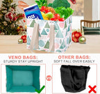 VENO 3 Pack Christmas Reusable Grocery Bags, Shopping Bags for Groceries, Tote with Handles and Hard Bottom, Foldable Shopping Cart Organizer, Water Resistant, Heavy-Duty (Pastel Forest, 6 Gallon)