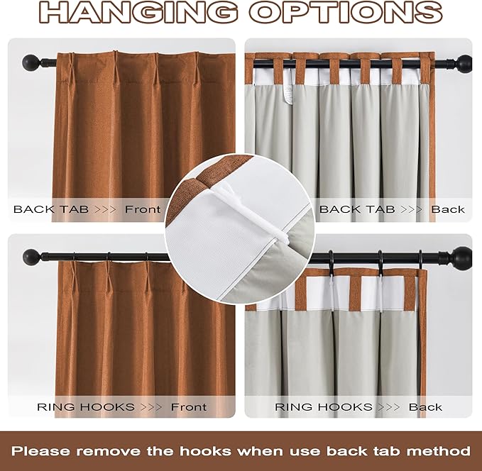 DUALIFE Pinch Pleatd Blackout Curtains 96 Inches Long, Boho Linen Rustic Copper Color Retro Room Darkening Privacy Curtains Drapes with Hooks for Living Room Bedroom 2 Panels Terra Cotta Rust