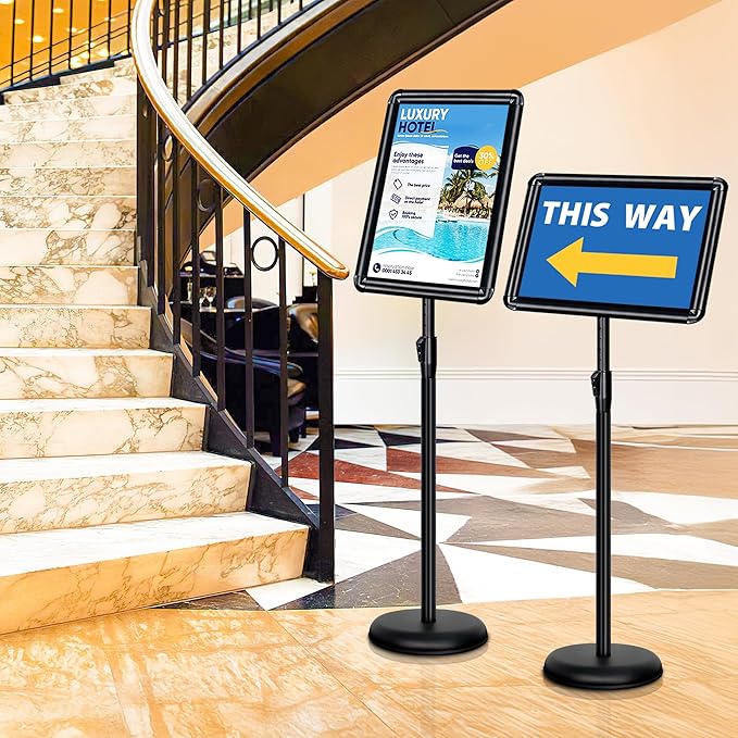4 Packs 11x17 Inch Sign Stand - Adjustable Floor Standing Sign Holder, Pedestal Poster Stand for Vertical & Horizontal Display, Outdoor & Indoor Use for Business & Store Signage - Black