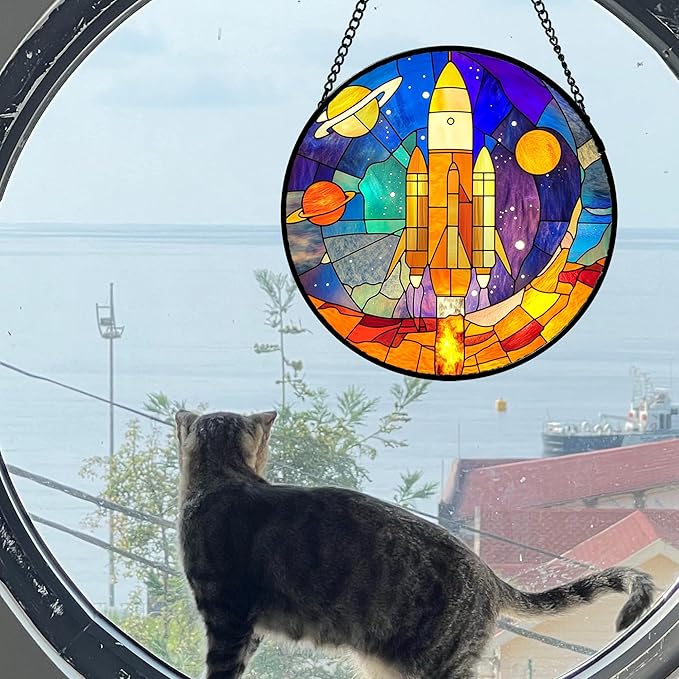 Stained Glass Window Hanging Abstract Universe Planetary Rocket 6.3" - Suncatcher Door Garden Sun Catcher Home Decor Birthday Children's for Men Teenage Boys Kids