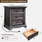 T4TREAM 24" Wide 3 Drawer Dressers, Farmhouse 26" Tall Bedside Side Table with 3 Drawers, Wooden Side Table with Roman Column, End Table for Bedroom, Living Room, Hallway, Dark Rustic Oak
