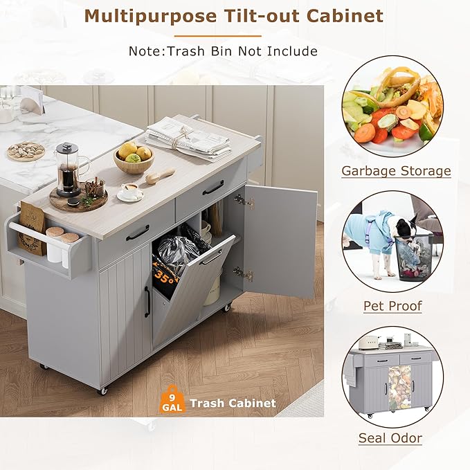 51" Moveable Kitchen Island with Trash Can Storage Cabinet, Kitchen Cart with Drop Leaf, Spice Rack, Towel Rack and Drawer, Rolling Kitchen Island on 5 Wheels with Adjustable Shelf, Grey