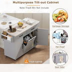 51" Moveable Kitchen Island with Trash Can Storage Cabinet, Kitchen Cart with Drop Leaf, Spice Rack, Towel Rack and Drawer, Rolling Kitchen Island on 5 Wheels with Adjustable Shelf, Grey