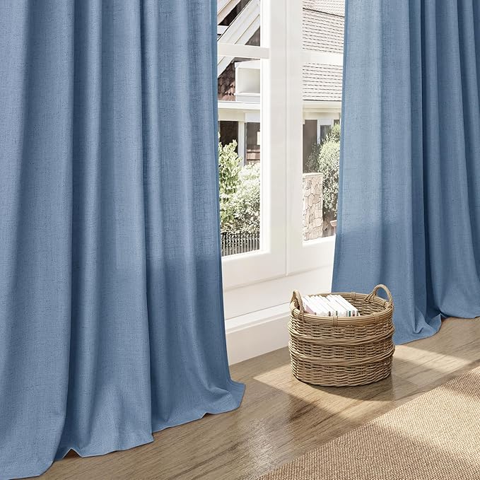 Nanspring Stone Blue Linen Curtains 84 Inches Long for Living Room Back Tab Luxury Light Filtering Privacy Semi Sheer Curtain Modern Farmhouse Boho Drapes for Bedroom Office 2 Panels Set 52x84