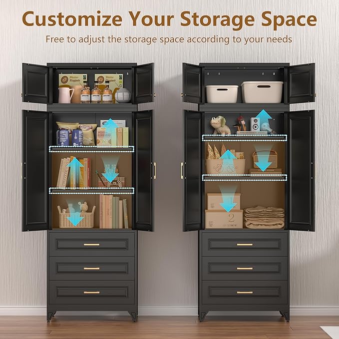 Kitchen Pantry Cabinet, 90" Tall Cabinet with Three Drawers, Metal Food Pantry Cabinet and Shelves, Freestanding Cupboards for Dining, Living Room, Black,16" D x 32" W x 90" H, Assembly Required