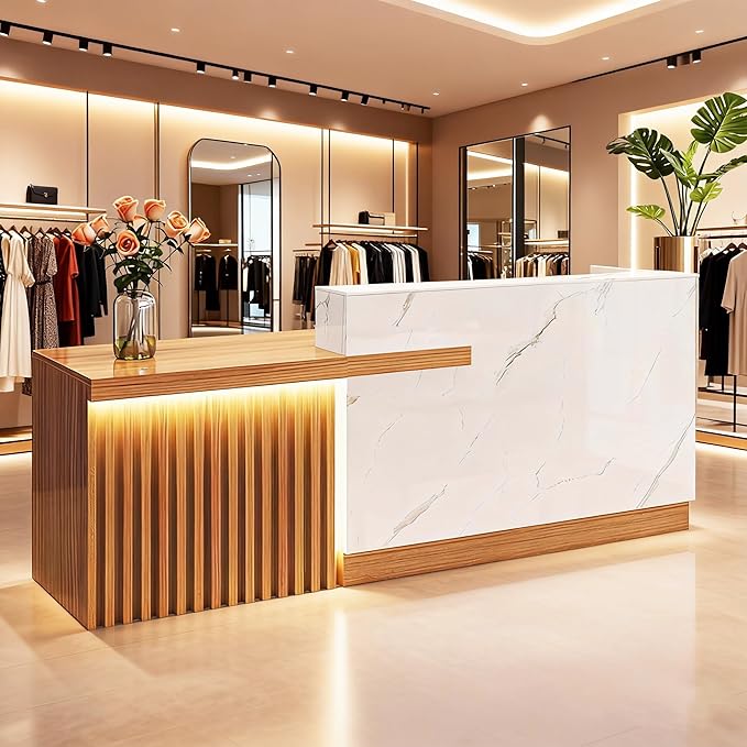 Reception Desk with Counter LED Light and Lockable Drawers and Storage Tall Modern Front Desk Reception Counter for Checkout Lobby Beauty Salon B Left 71inch/180cm