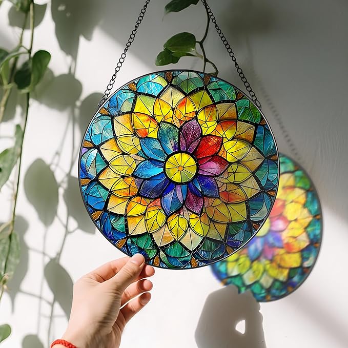 8'' Rainbow Mandala Sun Catcher Ornament, Stained Glass Window Hanging, Sun Catchers for Windows Hanging Ornaments, Window Decor, Ideal Gift | Colorful Spiritual Gifts for Her