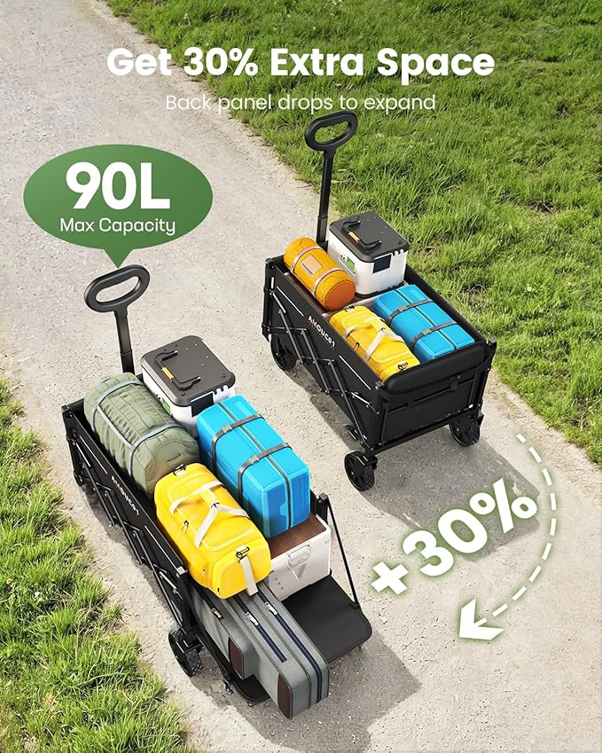 Small Wagon Cart Foldable, Collapsible Wagon with 360 LBS Max Load & Expandable Storage, 90L Foldable Grocery Cart with 2 Cup Holders for Outdoor, Garden, Camping &Groceries-Grey