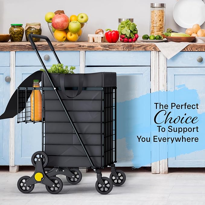 Stairs Climbing Shopping Cart w/Waterproof Basket Liner & 360° Swivel Wheels | Foldable Collapsible & Lightweight | Perfect for Groceries Laundry Utility Cart - Black