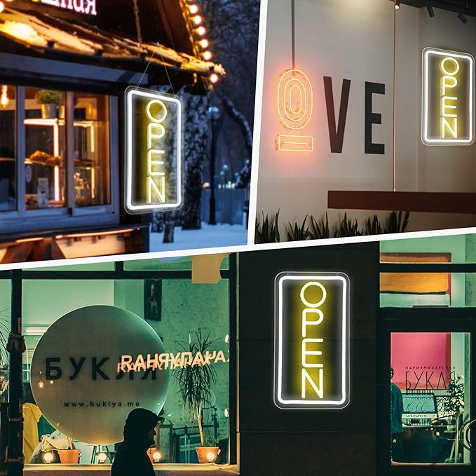 Open Signs for Business,Neon Open Sign Led,16.5"x 9",with Open/Closed Bussiness Hour Sign Set,Light for Bar Coffee Salon Store Window,12V/2A Adapter with ON/OFF Switch (Yellow/White Vertical)