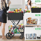 [2025𝐍𝐄𝐖] 2-Tier Extra Large Collapsible Grocery Cart On Wheels, 400lbs Shopping Cart For Groceries With 2 Removable Baskets, Waterproof Liner, Heavy Duty Foldable Shopping Utility Cart For Seniors
