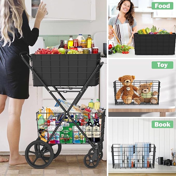 [2025𝐍𝐄𝐖] 2-Tier Extra Large Collapsible Grocery Cart On Wheels, 400lbs Shopping Cart For Groceries With 2 Removable Baskets, Waterproof Liner, Heavy Duty Foldable Shopping Utility Cart For Seniors