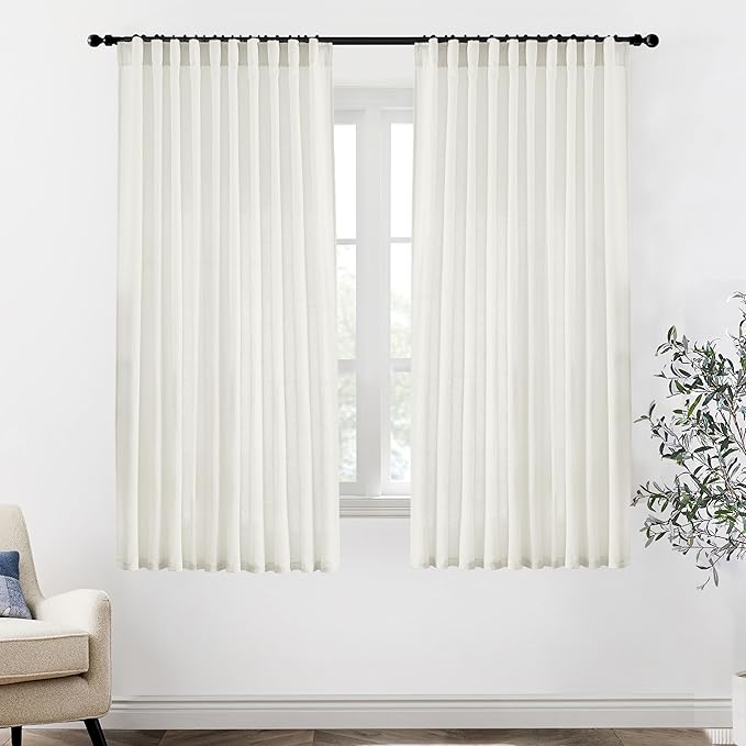 XTMYI 70 x 63 Inch Length Living Room Curtains,Linen Short Wide Bay Window Curtains for Bedroom,Set of 2 Panels,70x63 in Long,Cream Ivory