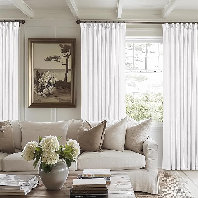 White Pinch Pleated Linen Curtains 96 Inches Long 60 Inch Width Linen Blend Light Filtering Window Curtains 96 Inch for Living Room Bedroom Patio Pinch Pleat Drapes with Hooks Rings 1 Panel 60Wx96L