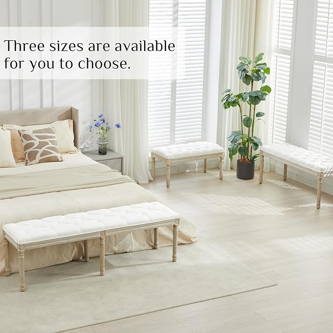 LOULENS 57.7" Linen Fabric End of Bed Bench King Size, French Upholstered Tufted Bench with Carved Wood Legs for Bedroom, Window Seat, Living Room, Entryway, White