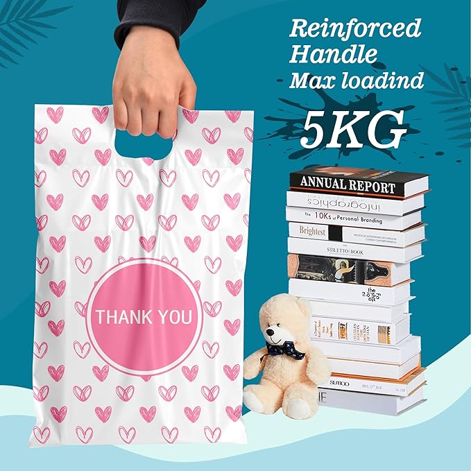 JinRuiKJ Poly Mailers with Handle 12x15.5 Inch 50 Pcs, Easy to Carry Packaging Bags for Small Business, Thank You Shipping Bags with Self Adhesive Strip, Tearproof and Waterproof - Pink Heart