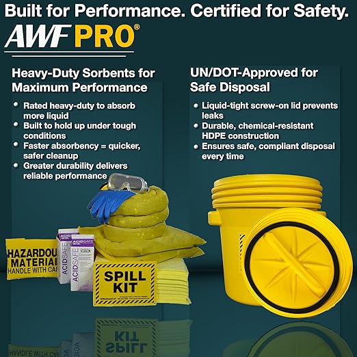 AWF PRO 20 Gallon Battery Acid Spill Kit, 59 Pieces – 20 gal DOT Approved Drum, Socks, Pads & Pillows, & Accessories