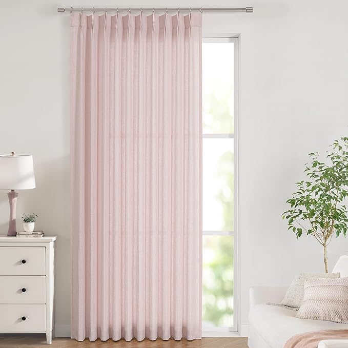 Vision Home Light Pink Pinch Pleated Semi Sheer Curtains Textured Linen Blended Light Filtering Window Curtains 108 inch for Living Room Bedroom Patio Pinch Pleat Drapes with Hooks 9FT 60" Wx108 Lx1