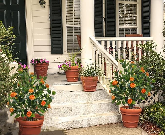 Artificial Camellia Tree 35in Faux Floral Plant with Orange Flowers and Green Leaves - No Maintenance Indoor Outdoor Office Home Porch Decor Housewarming Gift(2-Pack，Orange)