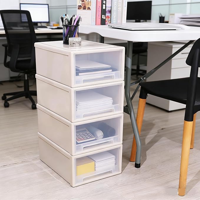 4-Pack 19 Quart Stacking Drawer, Clear Storage Closet Organizer, Yellow Frame, Stackable Modular Plastic Drawers for Clothes, Accessories, Craft Supplies, Shoes or Linens