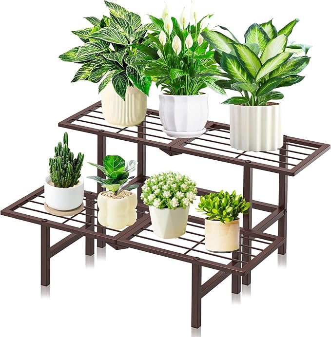 Plant Stand Indoor Outdoor, 2-Tier Foldable Metal Ladder Plant Stands, Stackable Metal Plant Shelf Decorative Flower Pot Holder Display Rack for Garden Living Room Patio,Brown