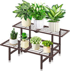 Plant Stand Indoor Outdoor, 2-Tier Foldable Metal Ladder Plant Stands, Stackable Metal Plant Shelf Decorative Flower Pot Holder Display Rack for Garden Living Room Patio,Brown