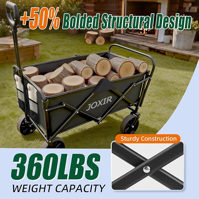 Collapsible Wagon Cart Foldable 120L 360lbs Capacity, Lightweight Portable Beach Wagon, Shopping Carts with Wheels for Grocery, Camping, Shopping, Garden Cart